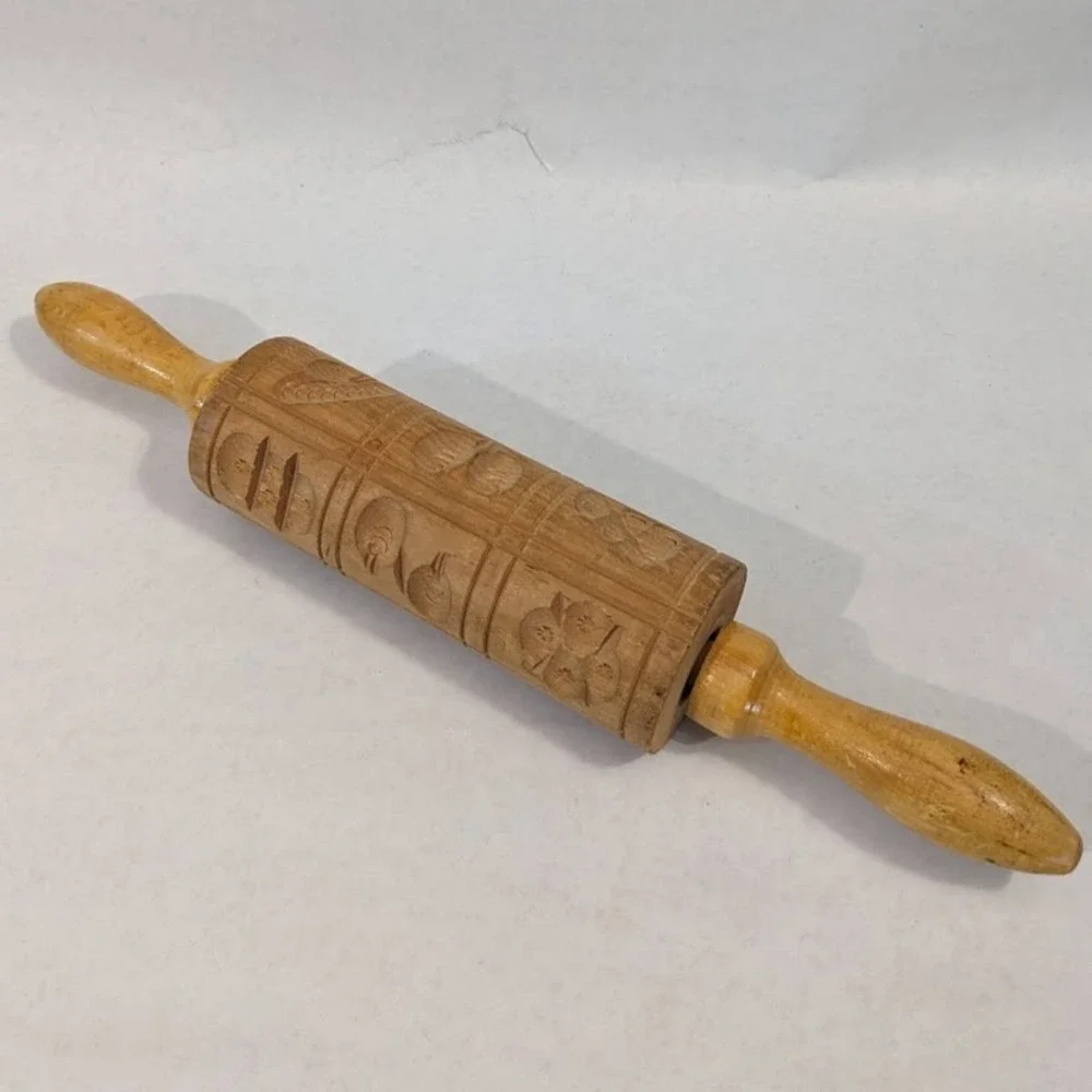 Vintage Wooden Springerle Rolling Pin Carved Bird Butterfly Flower Cookie Mold